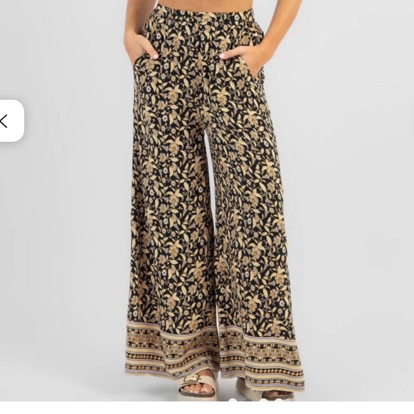 Rip Curl Pants - Rip Curl Black/Yellow/Cream Floral Flowy Pants